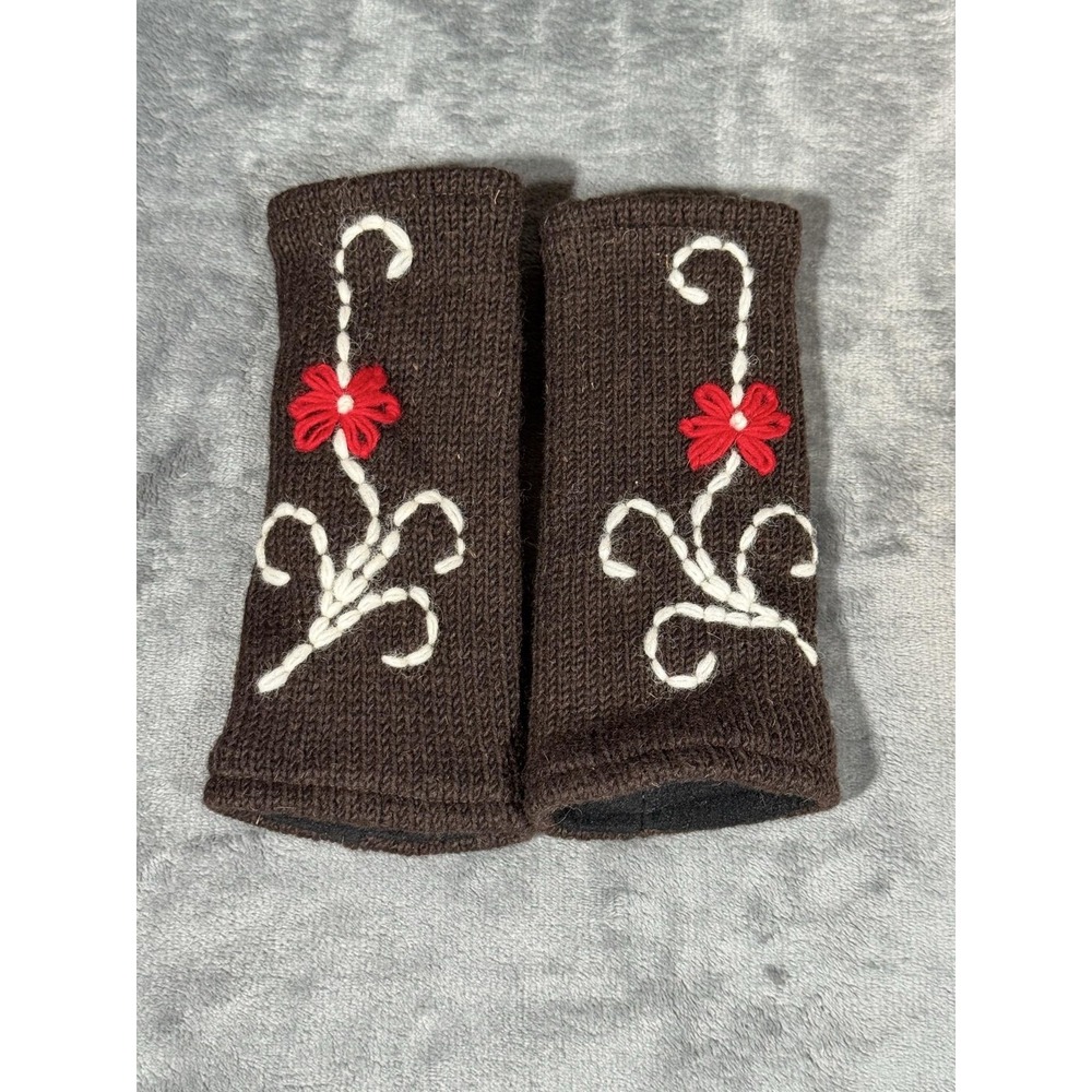 Knit Fingerless Gloves Womens One Size Brown Wool Embroidered Floral Nepal